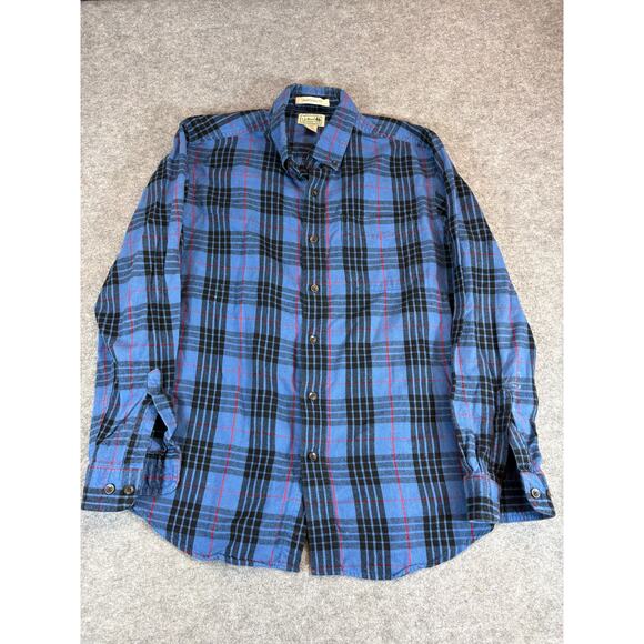 LL Bean Button Down Shirt Mens Medium Blue Plaid Flannel Traditional Fit Western - Picture 1 of 5